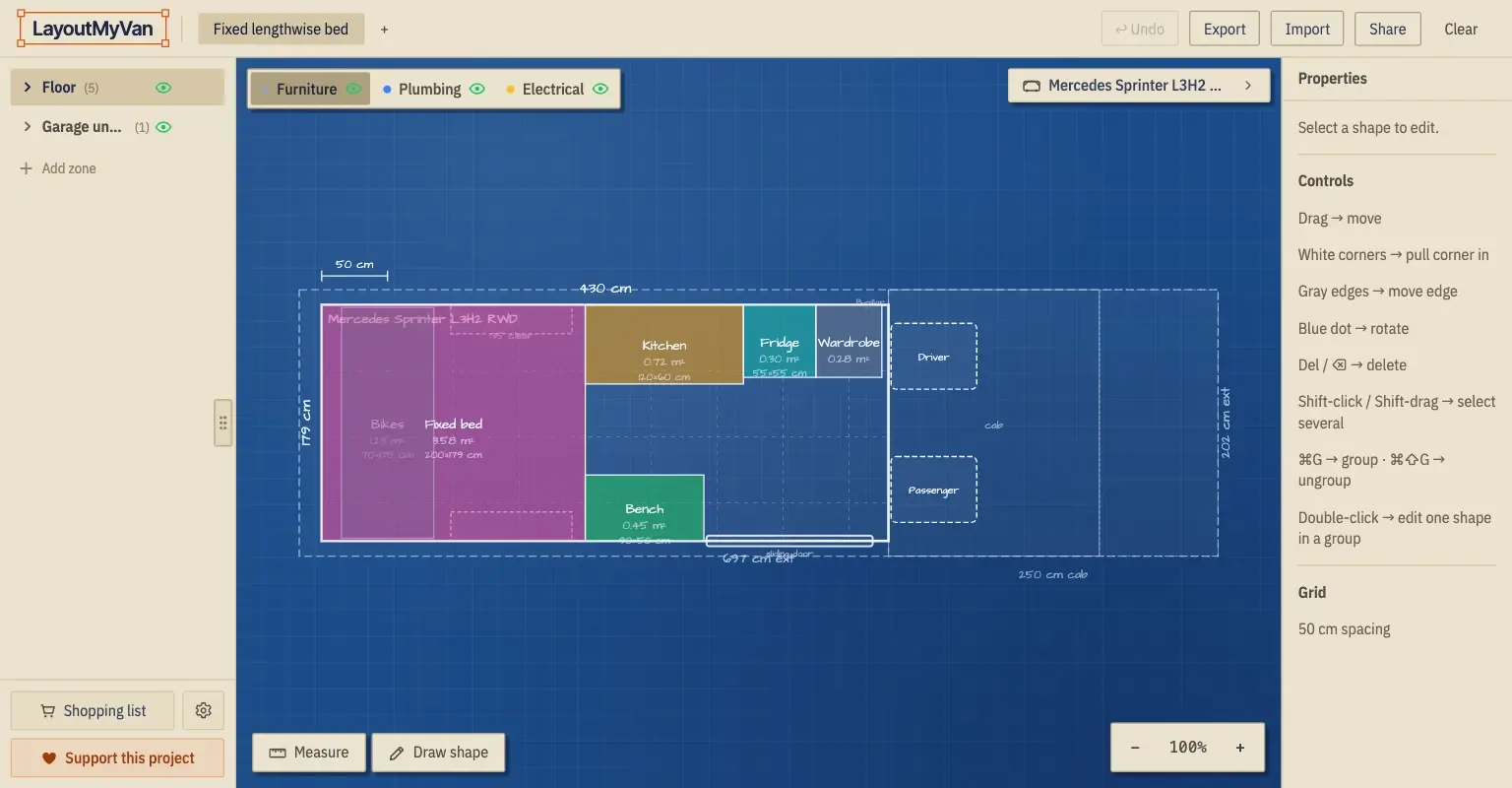 The LayoutMyVan planner showing a Mercedes Sprinter L3H2 floor plan with a fixed bed, kitchen, fridge, wardrobe and bench
